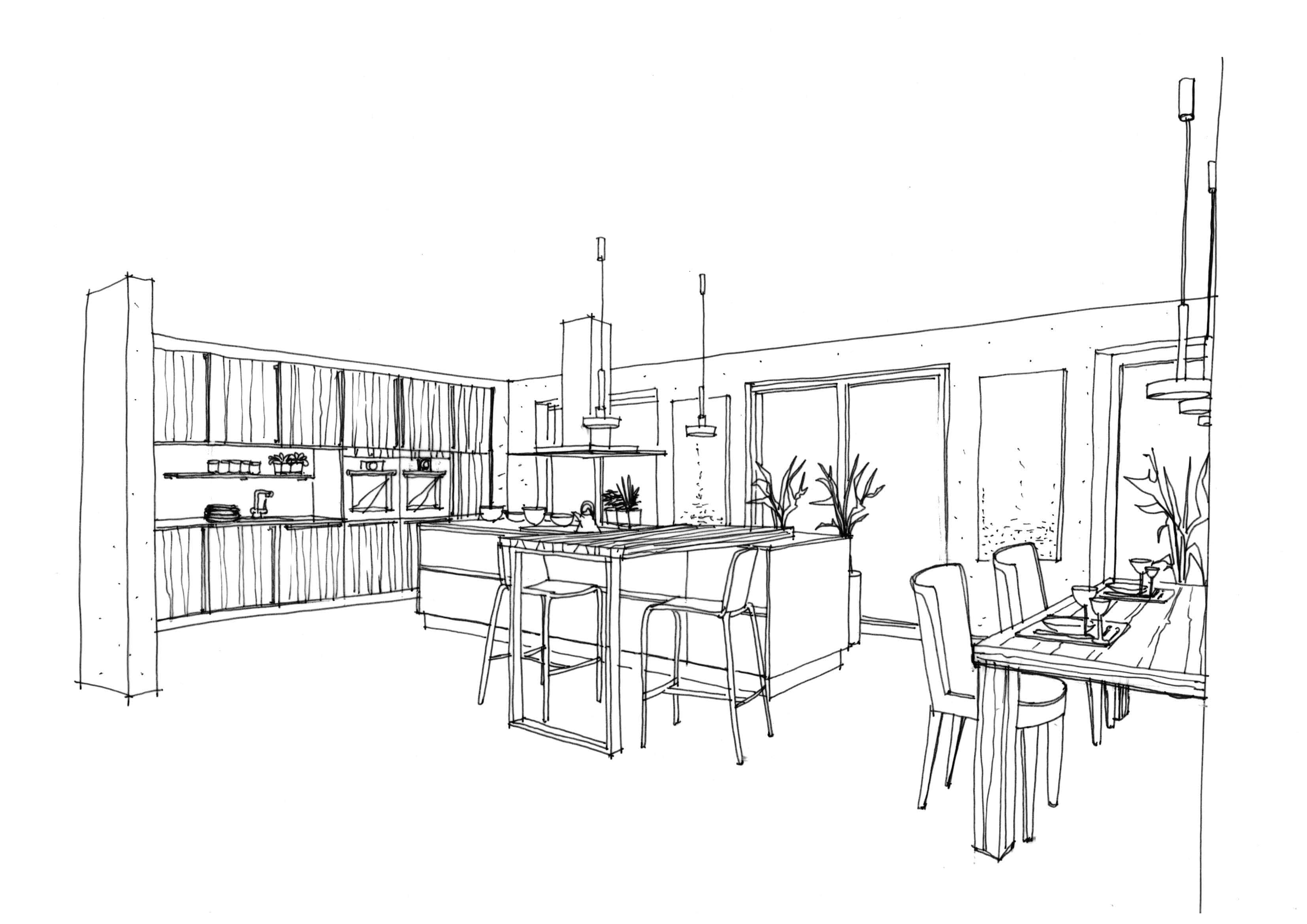 Skizze Handzeichnung s_w Wohnküche Holzdekor Natur modern